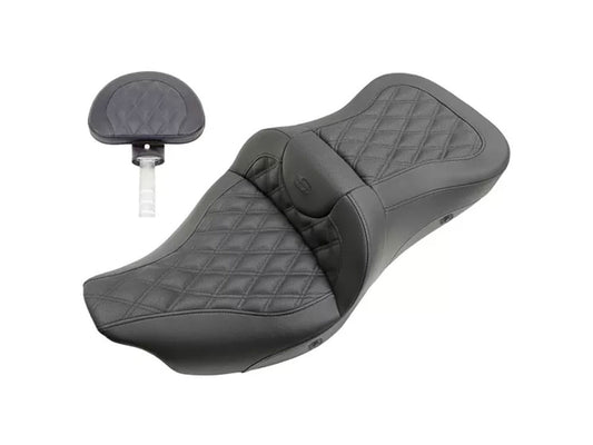Heated, Extended Reach Roadsofa LS Dual Seat With Backrest & Black Double Diamond Lattice Stitch. Fits Most Touring 2008-2024 - Saddlemen Seats