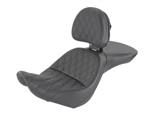 Explorer LS Dual Seat With Backrest & with Black Double Diamond Lattice Stitch. Fits Fat Boy 2018up & Breakout 2023up - Saddlemen Seats