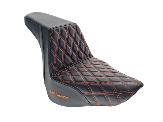Step-Up Front LS Dual Seat with Orange Double Diamond Lattice Stitch. Fits Fat Boy 2018up & Breakout 2023up - Saddlemen Seats