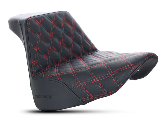 Step-Up Front LS Dual Seat with Red Double Diamond Lattice Stitch. Fits Fat Boy 2018up & Breakout 2023up - Saddlemen Seats