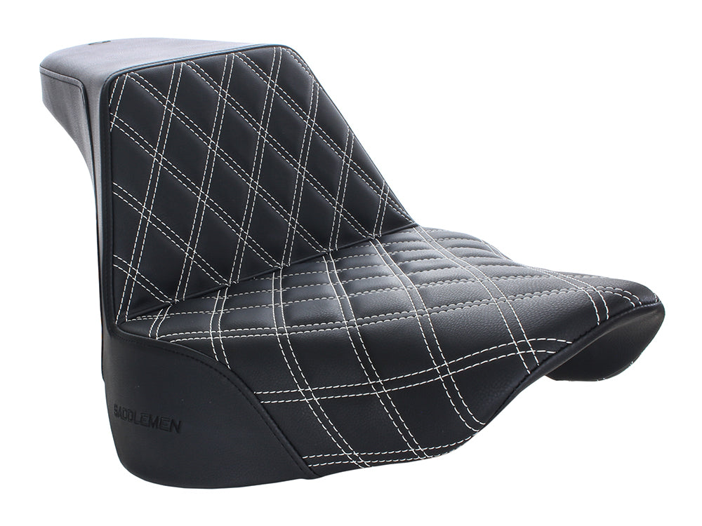 Step-Up Front LS Dual Seat with White Double Diamond Lattice Stitch. Fits Fat Boy 2018up & Breakout 2023up - Saddlemen Seats