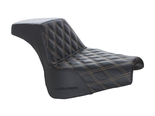 Step-Up LS Dual Seat with Gold Double Diamond Lattice Stitch. Fits Fat Bob 2018-2024 - Saddlemen Seats