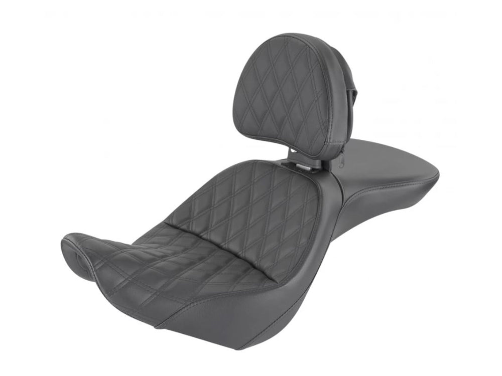 Explorer LS Dual Seat With Backrest & with Black Double Diamond Lattice Stitch. Fits Sport Glide & Low Rider 2018up, Low Rider S 2020up & Low Rider ST 2022up. - Saddlemen Seats