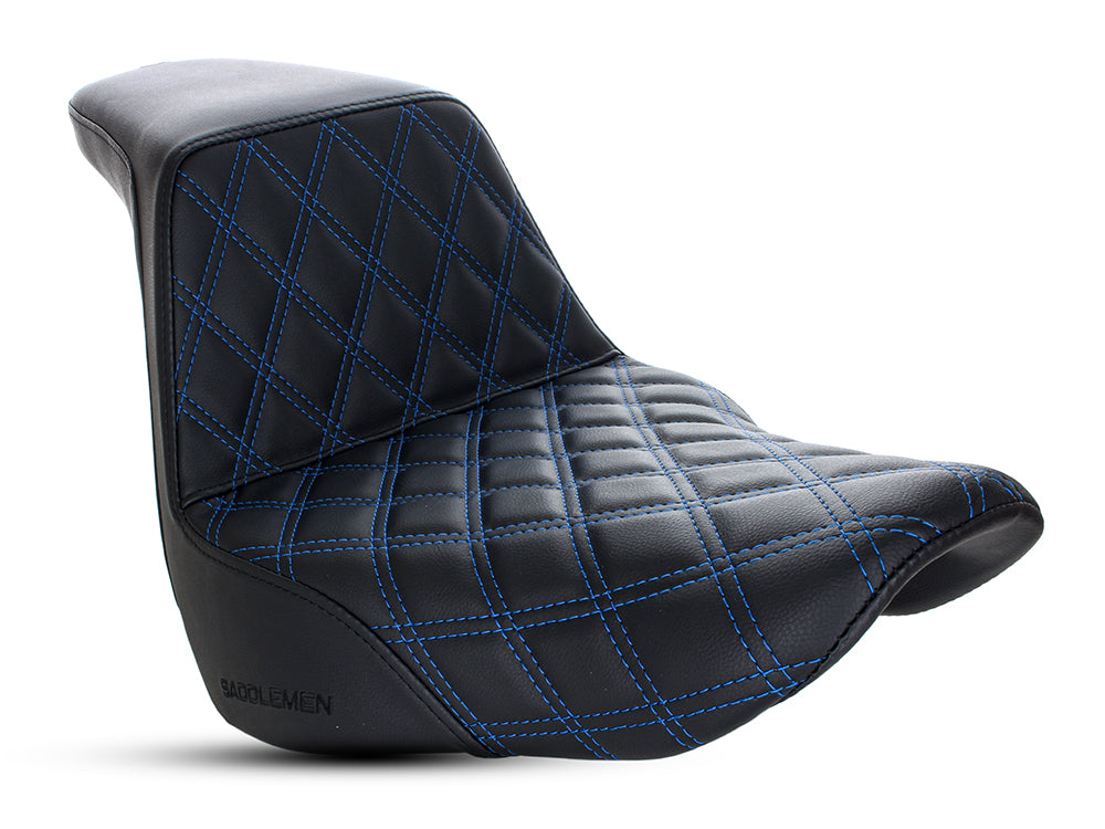 Step-Up LS Dual Seat with Blue Double Diamond Lattice Stitch. Fits Sport Glide & Low Rider 2018up, Low Rider S 2020up & Low Rider ST 2022up. - Saddlemen Seats
