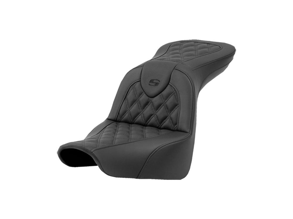 Roadsofa LS Dual Seat with Black Double Diamond Lattice Stitch. Fits Sport Glide & Low Rider 2018up, Low Rider S 2020up & Low Rider ST 2022up - Saddlemen Seats