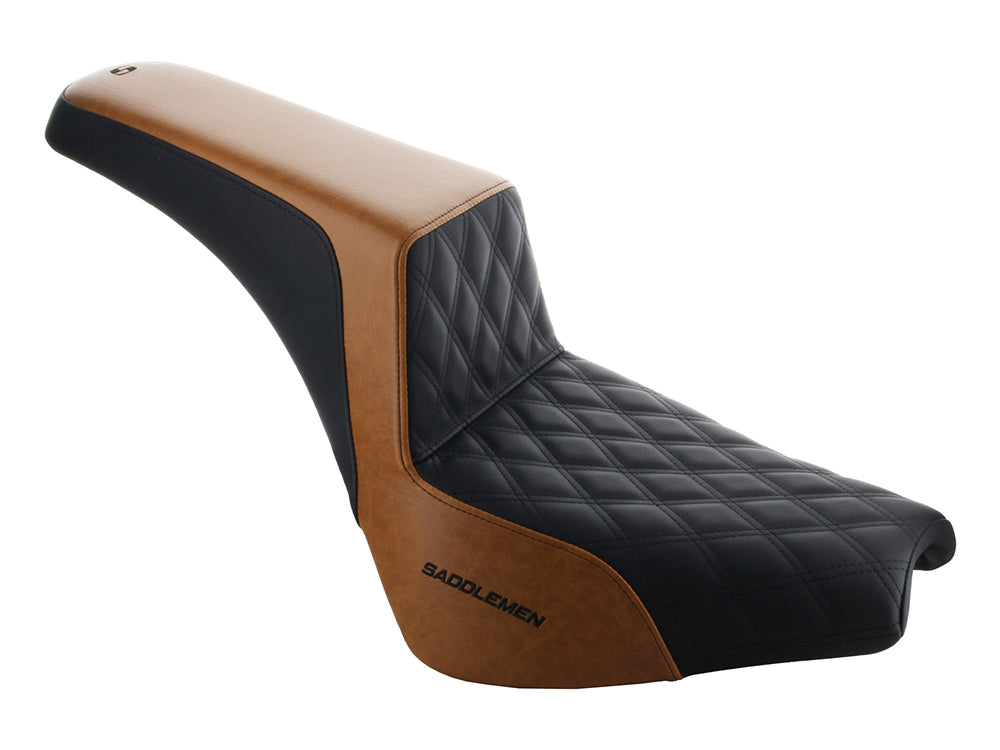 Custom Black & Brown Step-Up LS Dual Seat with Black Double Diamond Lattice Stitch. Fits Softail Street Bob 2018up & Standard 2020up. - Saddlemen Seats