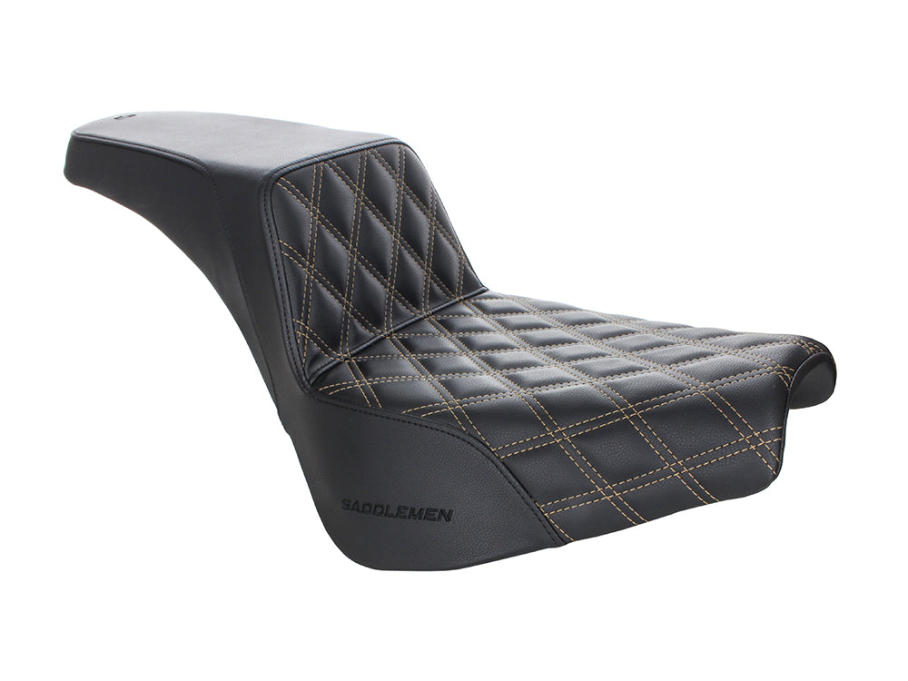 Step-Up LS Dual Seat with Gold Double Diamond Lattice Stitch. Fits Softail Street Bob 2018up & Standard 2020up. - Saddlemen Seats