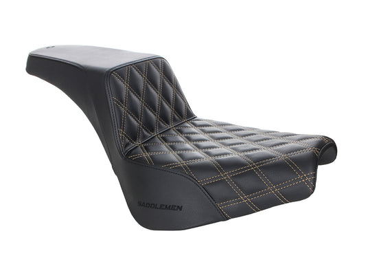 Step-Up LS Dual Seat with Gold Double Diamond Lattice Stitch. Fits Softail Street Bob 2018up & Standard 2020up. - Saddlemen Seats