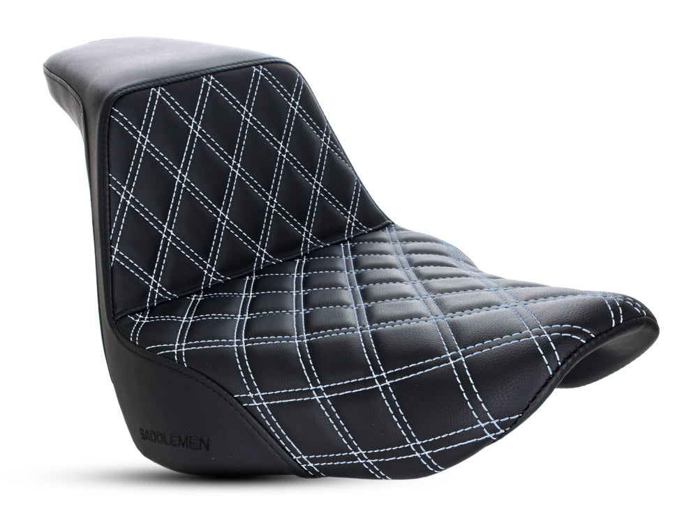 Step-Up LS Dual Seat with White Double Diamond Lattice Stitch. Fits Softail Deluxe 2018-2020, Slim 2018-2021 & Heritage Classic 2018up - Saddlemen Seats