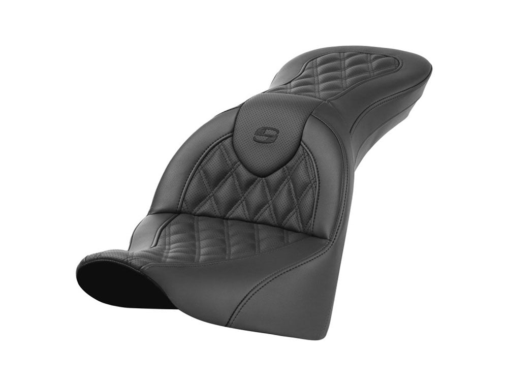 Roadsofa LS Dual Seat with Black Double Diamond Lattice Stitch. Fits Softail Deluxe 2018-2020, Slim 2018-2021 & Heritage Classic 2018up - Saddlemen Seats