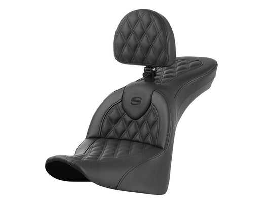 Roadsofa LS Dual Seat With Backrest & with Black Double Diamond Lattice Stitch. Fits Softail Deluxe 2018-2020, Slim 2018-2021 & Heritage Classic 2018up - Saddlemen Seats