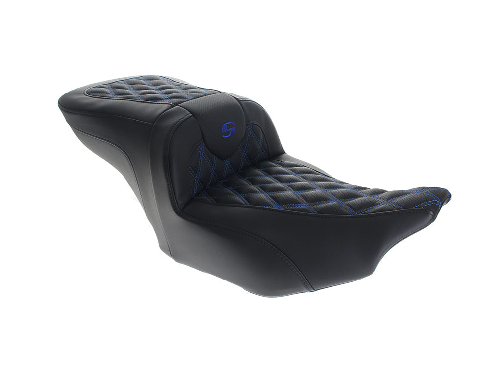 Roadsofa LS Dual Seat with Blue Double Diamond Lattice Stitch. Fits CVO Touring 2023up, Street Glide & Road Glide 2024up, Touring 2025up - Saddlemen Seats