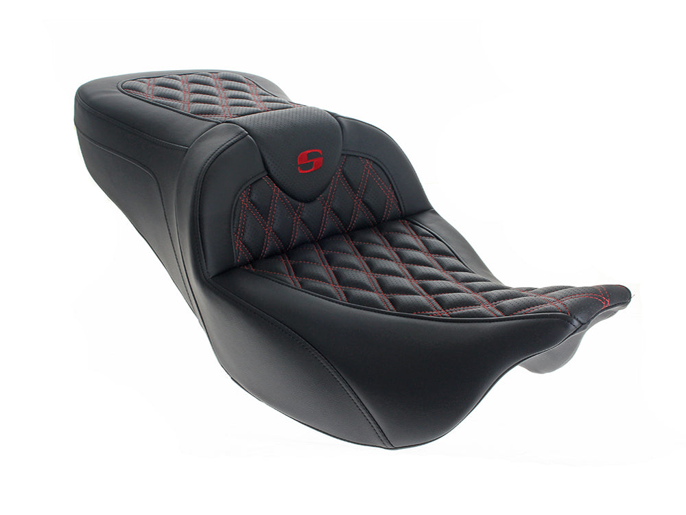 Roadsofa LS Dual Seat with Red Double Diamond Lattice Stitch. Fits CVO Touring 2023up, Street Glide & Road Glide 2024up, Touring 2025up - Saddlemen Seats