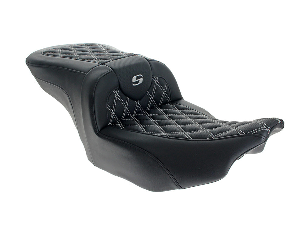 Roadsofa LS Dual Seat with White Double Diamond Lattice Stitch. Fits CVO Touring 2023up, Street Glide & Road Glide 2024up, Touring 2025up - Saddlemen Seats