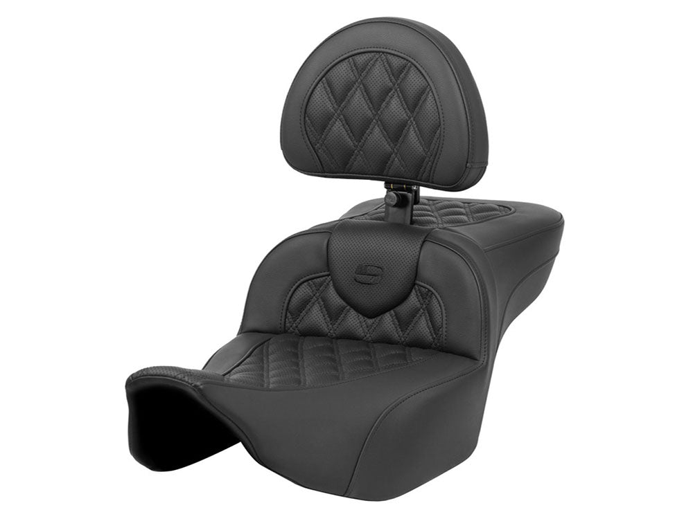 Extended Roadsofa LS Dual Seat With Backrest & Black Double Diamond Lattice Stitch. Fits CVO Touring 2023up, Street Glide & Road Glide 2024up, Touring 2025up - Saddlemen Seats