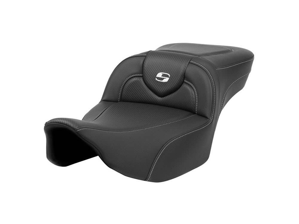 Extended Roadsofa CF Dual Seat with Carbon Fiber Weave. Fits CVO Touring 2023up, Street Glide & Road Glide 2024up, Touring 2025up - Saddlemen Seats