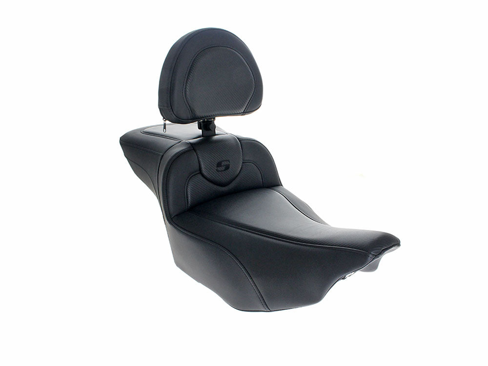 Extended Roadsofa CF Dual Seat With Backrest & Carbon Fiber Weave. Fits CVO Touring 2023up, Street Glide & Road Glide 2024up, Touring 2025up - Saddlemen Seats