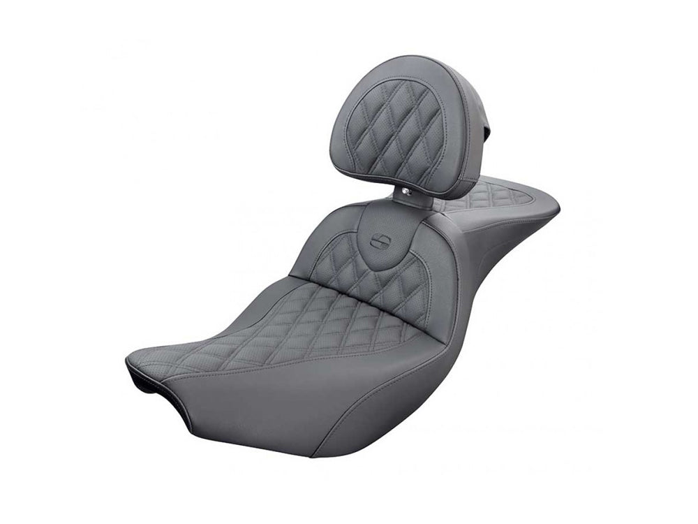 RoadSofa LS Dual Seat With Backrest & Black Double Diamond Lattice Stitch. Fits Indian Touring 2014up. - Saddlemen Seats
