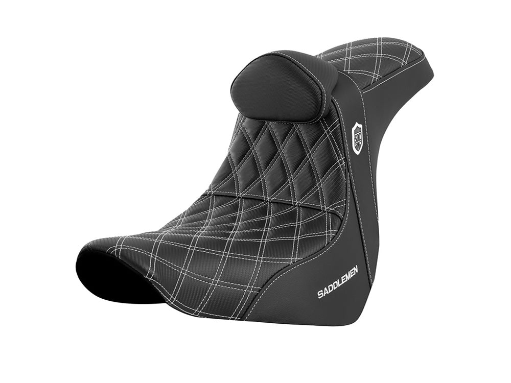 Pro Series San Diego Customs Performance Gripper Dual Seat with Backrest & White Stitch. Fits Sport Glide & Low Rider 2018up, Low Rider S 2020up & Low Rider ST 2022up - Saddlemen Seats