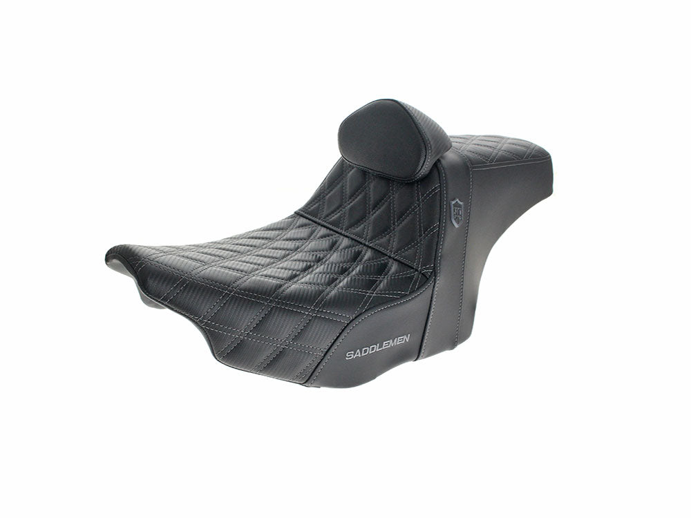 Step-Up San Diego Customs Pro Series Gripper Dual Seat With Backrest & Grey Stitch. Fits CVO Touring 2023up, Street Glide & Road Glide 2024up, Touring 2025up - Saddlemen Seats