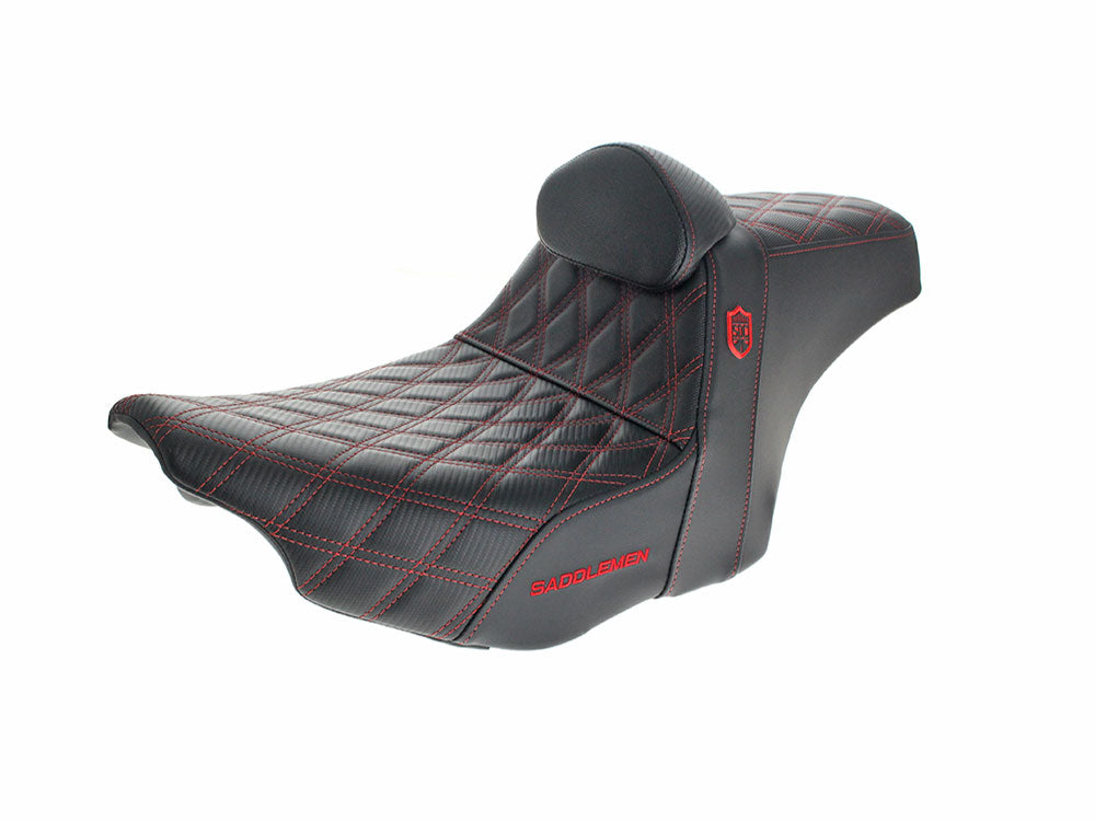 Step-Up San Diego Customs Pro Series Gripper Dual Seat With Backrest & Red Stitch. Fits CVO Touring 2023up, Street Glide & Road Glide 2024up, Touring 2025up - Saddlemen Seats