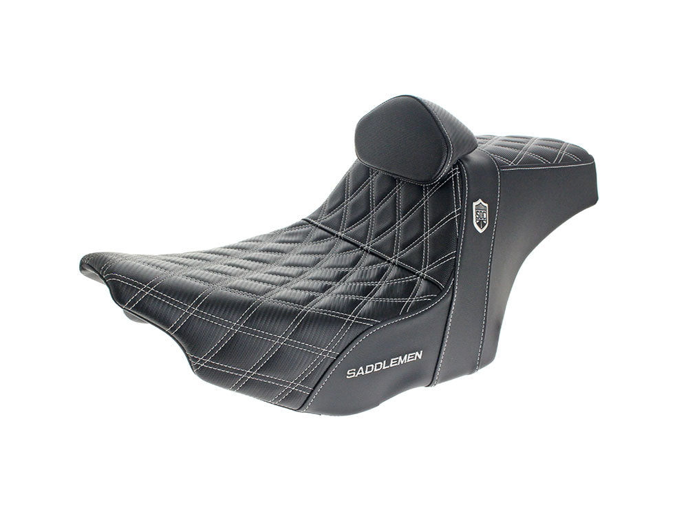 Step-Up San Diego Customs Pro Series Gripper Dual Seat With Backrest & White Stitch. Fits CVO Touring 2023up, Street Glide & Road Glide 2024up, Touring 2025up - Saddlemen Seats