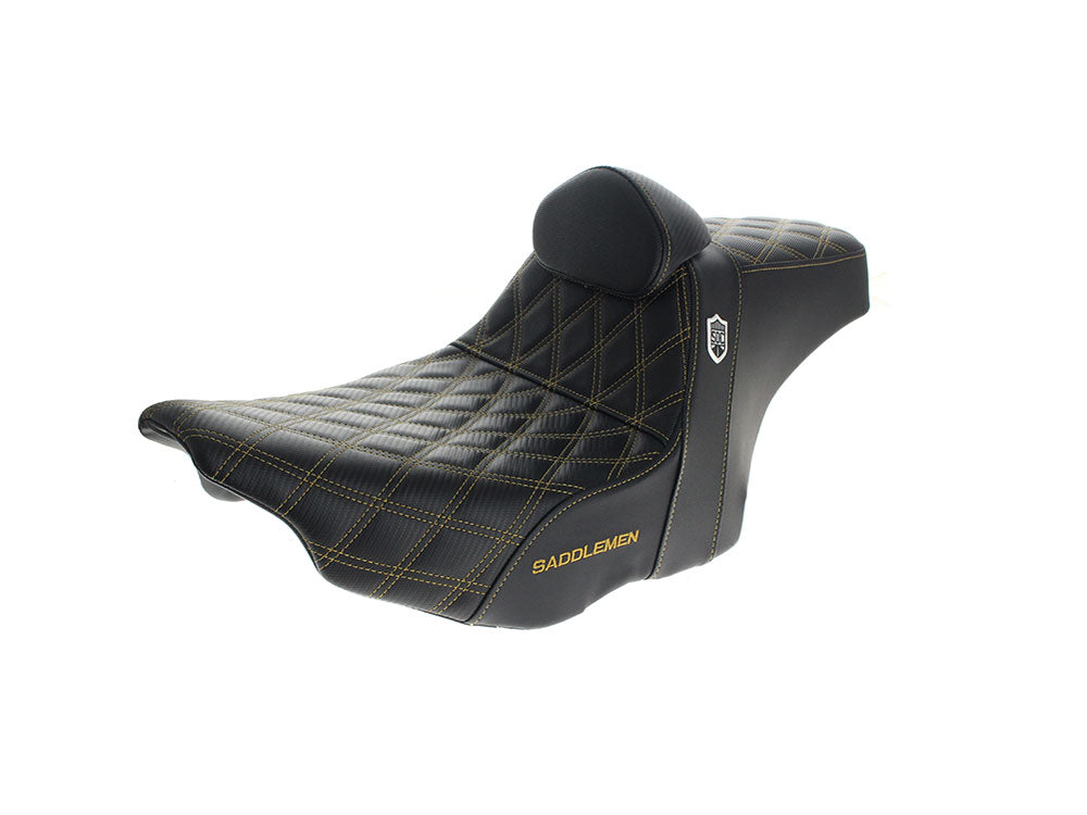 Step-Up San Diego Customs Pro Series Gripper Dual Seat With Backrest & Gold Stitch. Fits CVO Touring 2023up, Street Glide & Road Glide 2024up, Touring 2025up - Saddlemen Seats