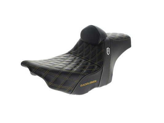 Step-Up San Diego Customs Pro Series Gripper Dual Seat With Backrest & Gold Stitch. Fits CVO Touring 2023up, Street Glide & Road Glide 2024up, Touring 2025up - Saddlemen Seats