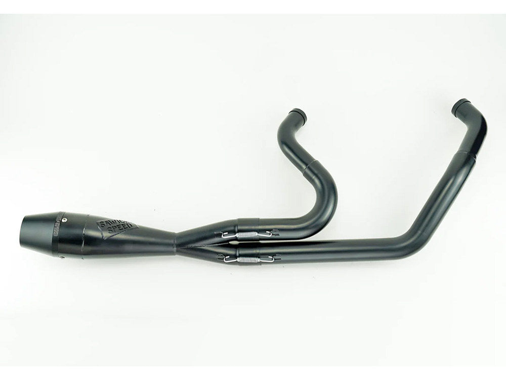 Shorty 2-into-1 Exhaust with Billet End Cap - Black. Fits Softail 2018up with 240 Rear Tyre. - Sawicki Speed