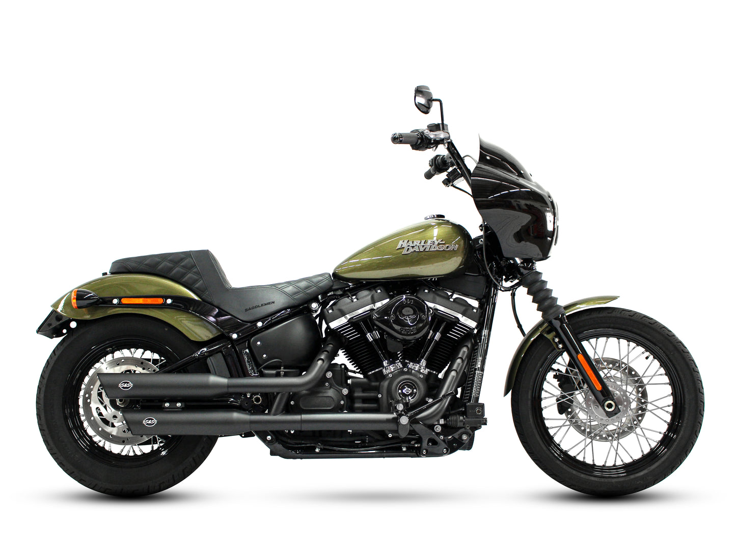 3-1/2in. Slash Cut Slip-On Mufflers - Black. Fits Softail Slim, Street Bob, Standard & Low Rider Models 2018-2024 & Breakout & Fat Boy 2018up - S&S