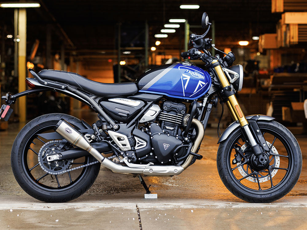 4in. Grand National Slip-On Muffler - Stainless Steel with Black End Cap. Fits Triumph Speed 400 & Scrambler 400X 2024up - S&S