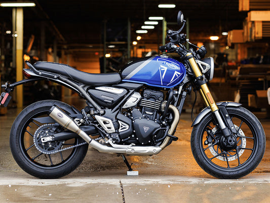 4in. Grand National Slip-On Muffler - Stainless Steel with Black End Cap. Fits Triumph Speed 400 & Scrambler 400X 2024up - S&S