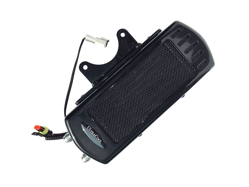 Fan Assisted Side Mount Oil Cooler Kit - Gloss Black. Fits Touring 2017-2024 with Harley-Davidson Full Size Engine Guard - Ultra Cool